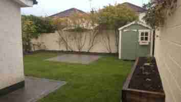 Rear Garden Design With Grey Limestone Patio, Turf Lawn & Raised beds ,The Cairns, Drogheda.